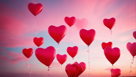 Valentine's day background with heart-shaped balloons on skyの素材