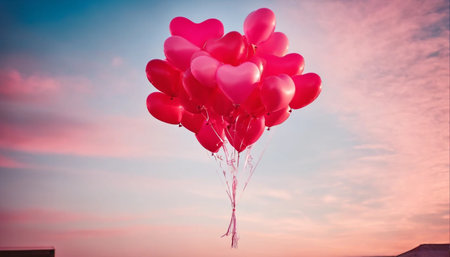 Pink heart-shaped balloons in the sky. Valentine's day concept.の素材