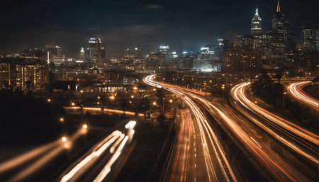 Panorama of charlotte north carolina at night with light trailsの素材