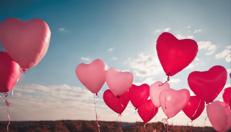 Valentine's day background with heart shaped balloons on blue skyの素材
