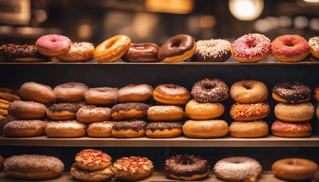 Group of assorted donuts on display in a bakery shop window.の素材