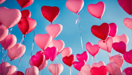 Valentine's day background with heart shaped balloons on blue skyの素材
