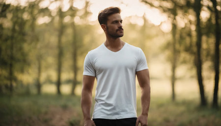 Handsome young man in white t-shirt standing in the forestの素材