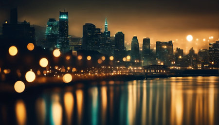 Cityscape of Chicago at night with reflection in water, USA.の素材