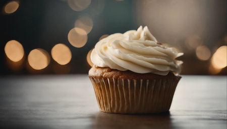 Delicious cupcake with cream on table against blurred lights, closeupの素材