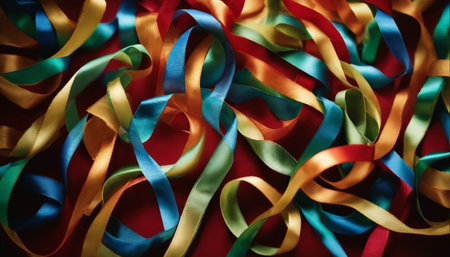 colorful ribbons on a red background, closeup of photoの素材