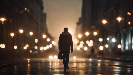 Back view of a young man walking on a wet street at night.の素材