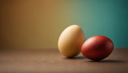 Colorful easter eggs on a wooden table with copy space.の素材