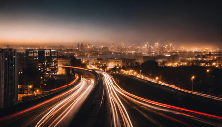 Night traffic in the city. Light trails on the road. Long exposureの素材