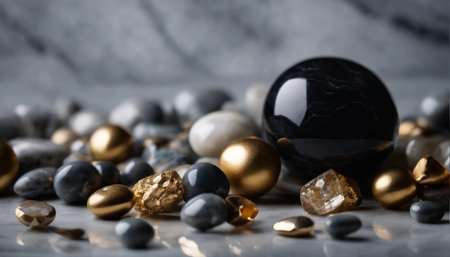 Black and gold stones on a marble background. Selective focus.の素材