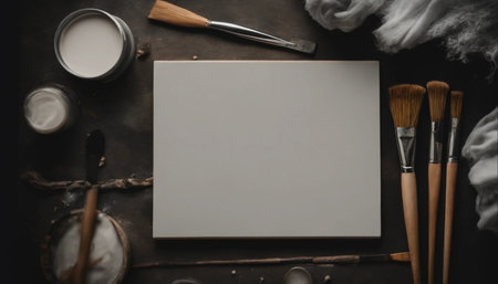 Artistic workspace with blank paper sheet, paint brushes, watercolor paints and cotton woolの素材