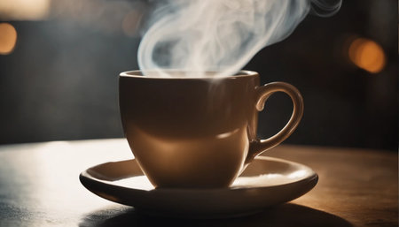 Coffee cup on wooden table in coffee shop, stock photoの素材