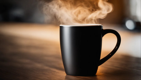 Coffee cup with smoke on wooden table in coffee shop.の素材