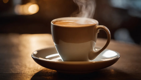 Coffee cup on wooden table in coffee shop, stock photoの素材