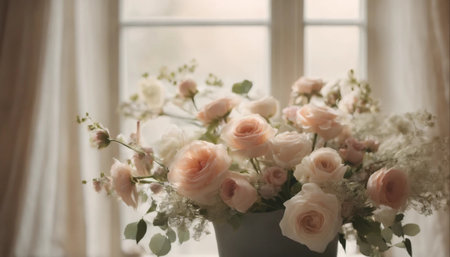 Bouquet of pink roses in a vase on the windowsillの素材