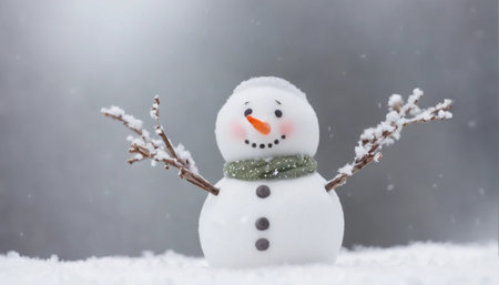 Snowman with snowflakes on the background of the winter landscapeの素材