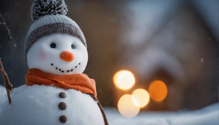 Snowman in the winter forest with bokeh lights on backgroundの素材