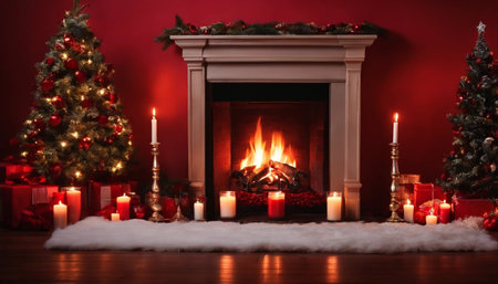Christmas tree and fireplace with burning candles on wooden floor in red roomの素材