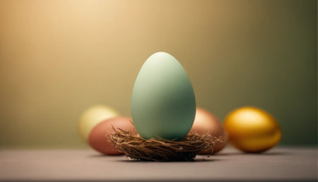 Easter eggs in a nest on a wooden table. Selective focus.の素材