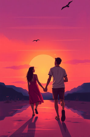 Couple walking on the road at sunset. Concept of love.の素材