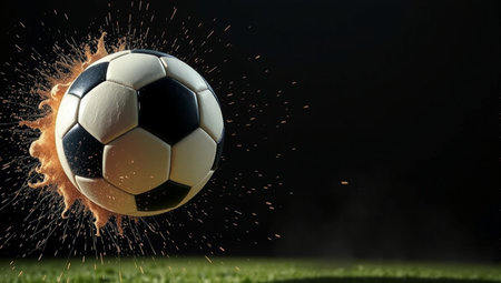 Soccer ball with splashes on black background, close-upの素材