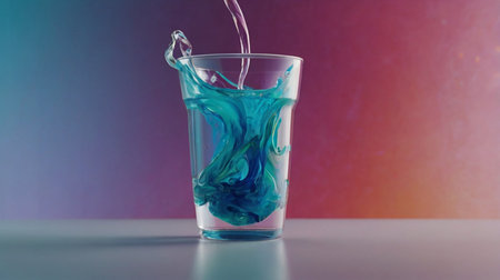 Pouring water into a glass on a blue and purple background.の素材