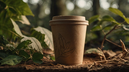 Paper cup of coffee in the forest. Paper cup of coffee in the forest.の素材