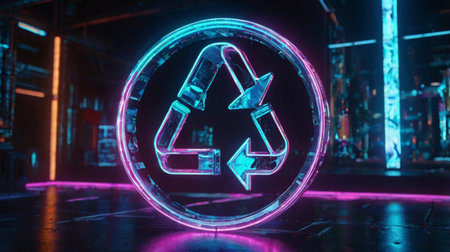 Glowing neon recycling symbol on dark background. 3D Renderingの素材