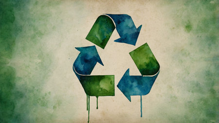 Recycling symbol on grunge background, watercolor style.の素材