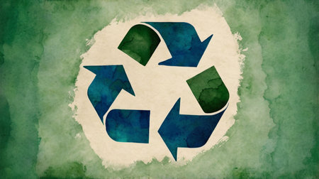 Watercolor illustration of recycling symbol on green watercolor background. Recycling concept.の素材