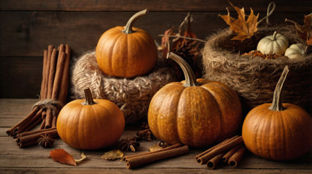 Autumn still life with pumpkins, cinnamon sticks and dry leavesの素材