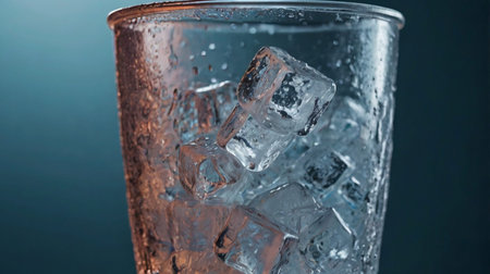 Ice cubes in a glass of water on a dark background. Close-up.の素材