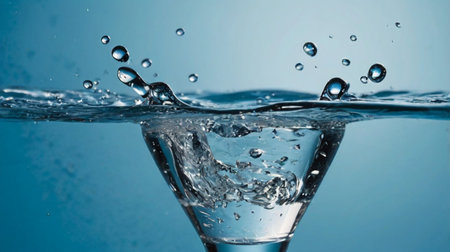 Water splash in a martini glass with water drops on blue backgroundの素材