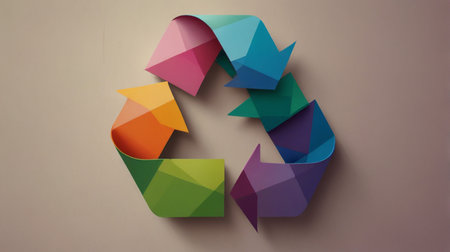Recycling symbol made of colorful origami paper on the wallの素材