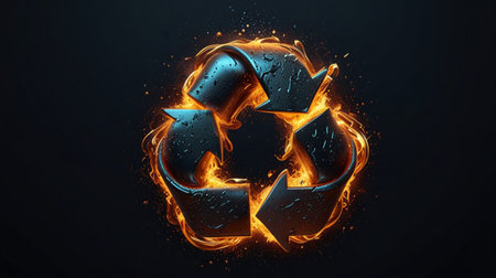 Glowing recycling symbol on a dark background. 3d rendering.の素材