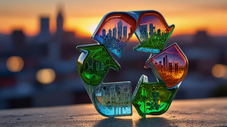 Recycling symbol on a blurred background of the city at sunsetの素材