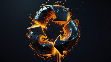 3D rendering of a recycling symbol made of blue and orange flames on a black backgroundの素材