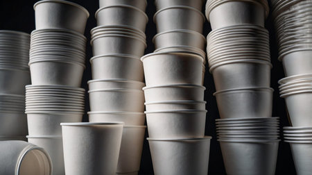 Disposable paper cups on black background. Recycling conceptの素材