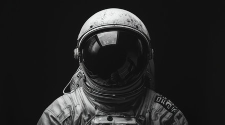 Astronaut in space suit and helmet on dark background. Black and white.の素材