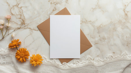 Blank greeting card mockup with envelope and flower backgroundの素材