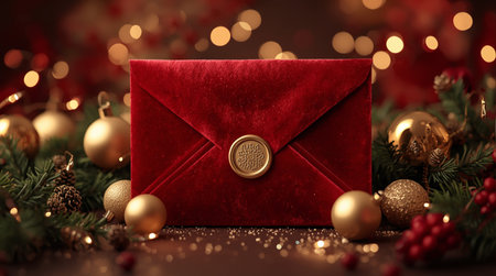 Red envelope with Christmas decoration on bokeh background, closeupの素材