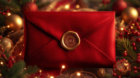 Envelope with wax seal on the background of Christmas decorations.の素材