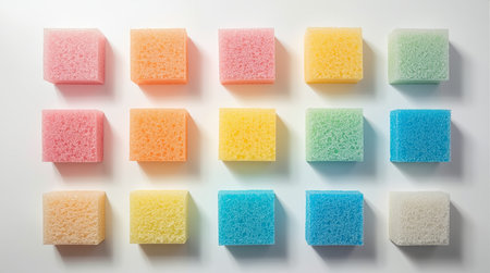 Colorful sponges for washing dishes on a white background.の素材