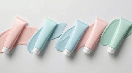 Plastic bottles of cosmetic products on white background, top view.の素材
