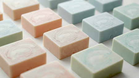 Handmade soap bars on a white background. Selective focus.の素材