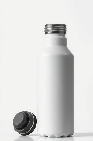 White plastic bottle with black cap on white background. Mockup.の素材