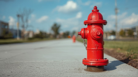 Red fire hydrant on the street. Close-up photo.の素材
