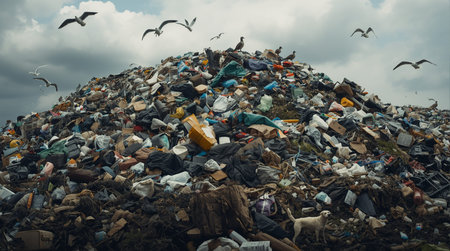 Pile of garbage in the landfill with seagulls flyingの素材