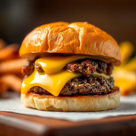 Cheese burger - American cheese burger with Golden French fries close upの素材