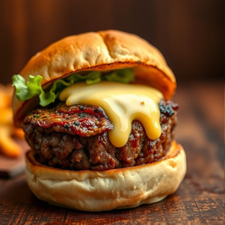 Beef burger with cheese and tomato sauce on a wooden background.の素材